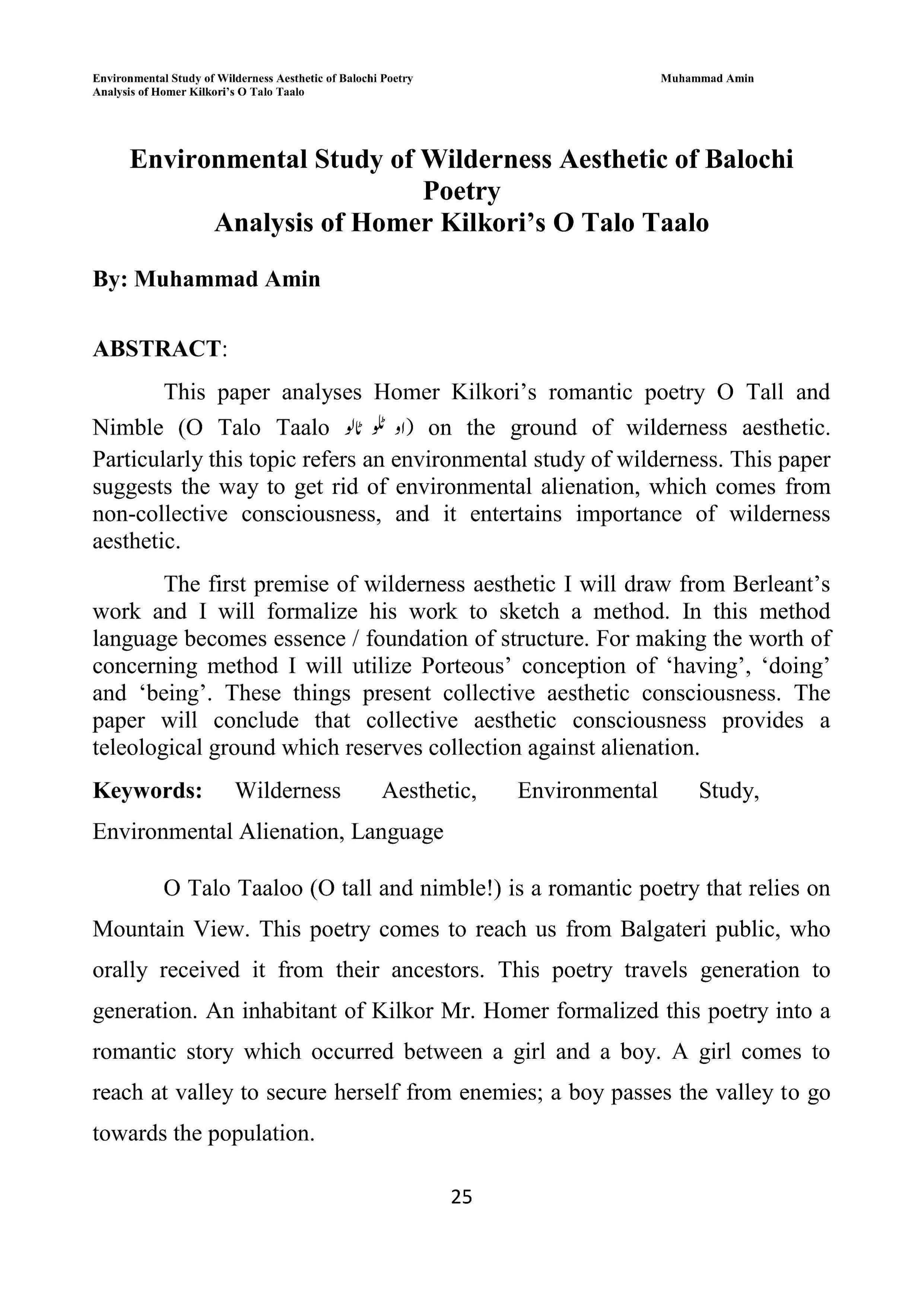 Environmental Study of Wilderness Aesthetic of Balochi Poetry Analysis of Homer Kilkori’s O Talo Taalo