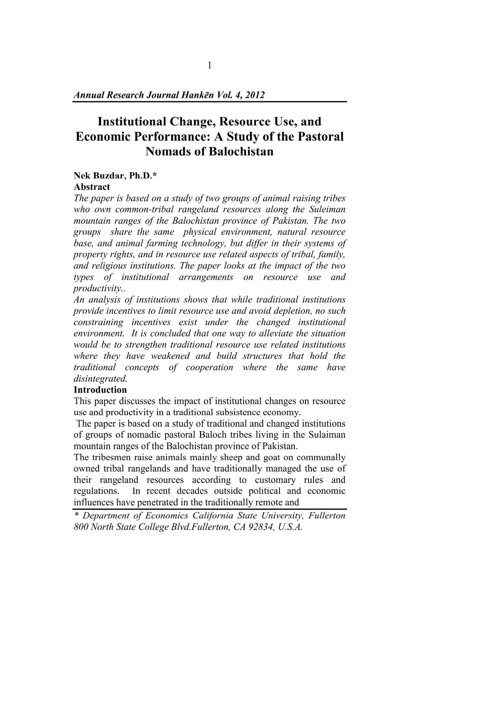 Institutional Change, Resource Use, and Economic Performance: A Study of the Pastoral Nomads of Balochistan