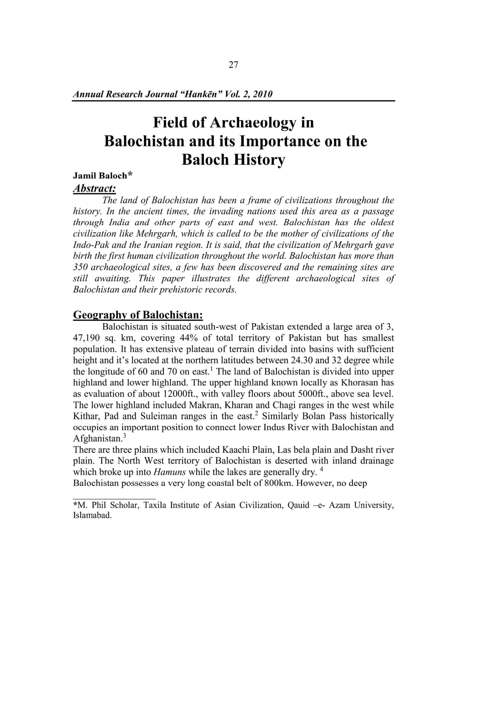 Field of Archaeology in  Balochistan and its Importance on the  Baloch History