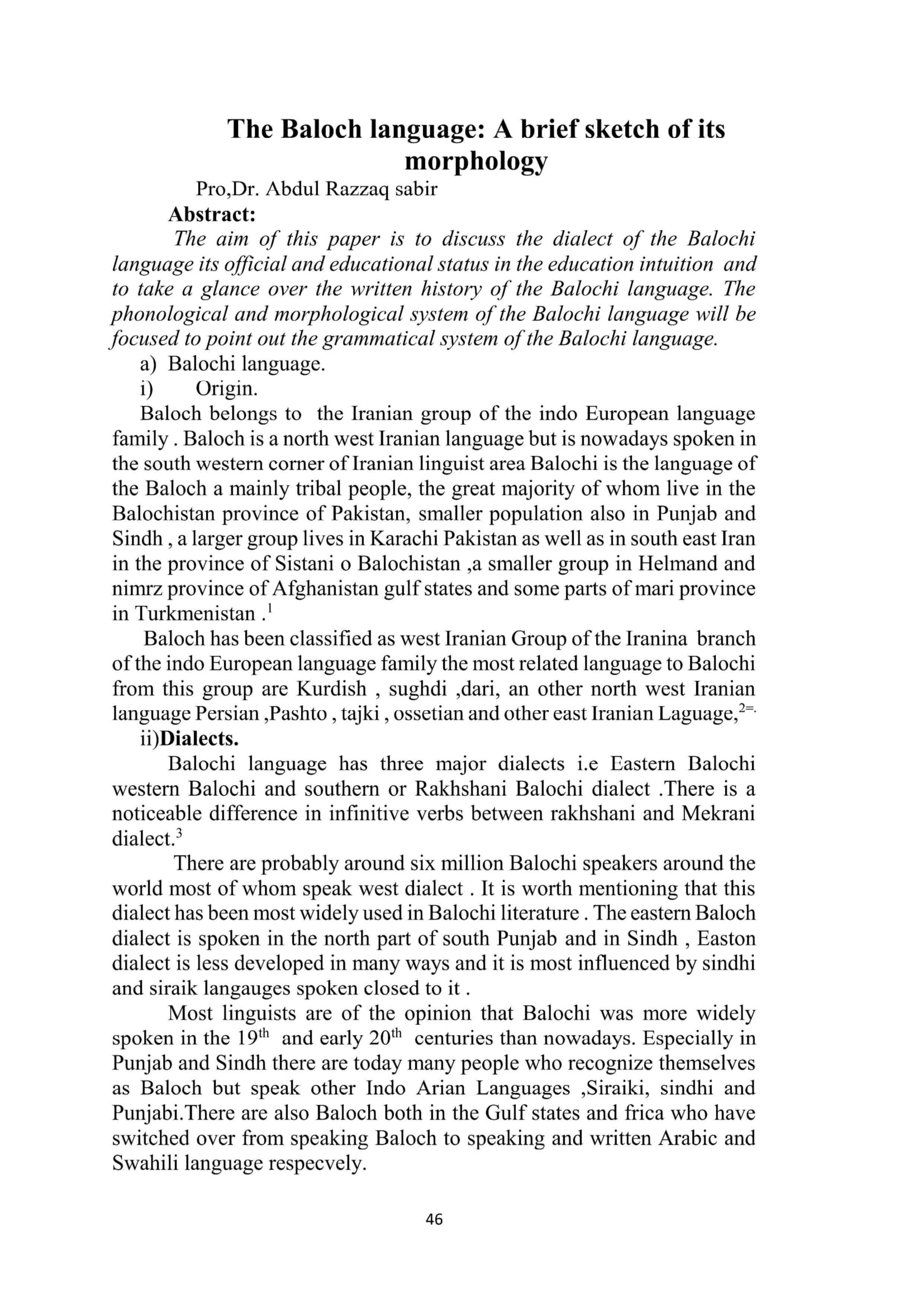 The Baloch language: A brief sketch of its morphology