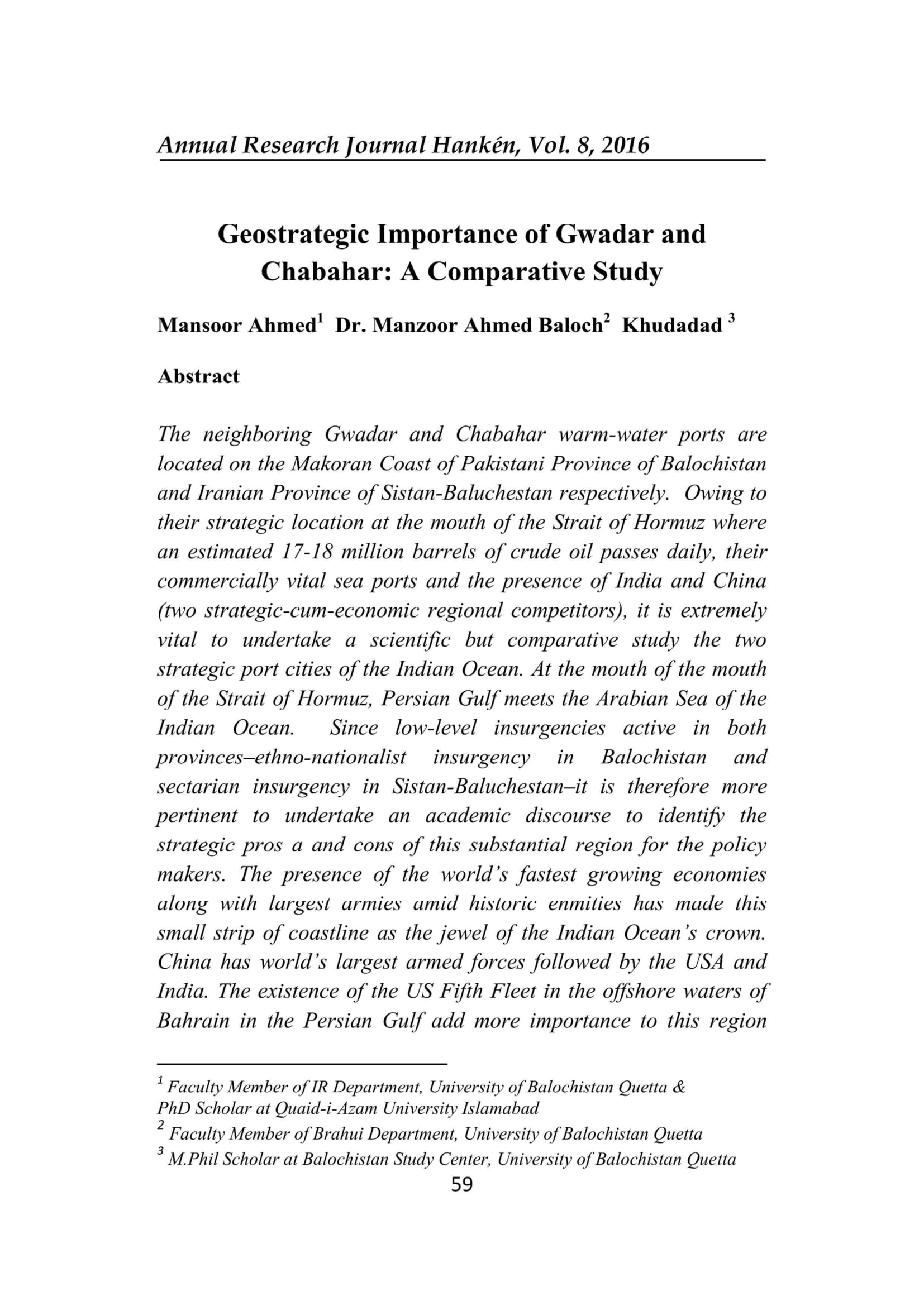 Geostrategic Importance of Gwadar and Chabahar: A Comparative Study