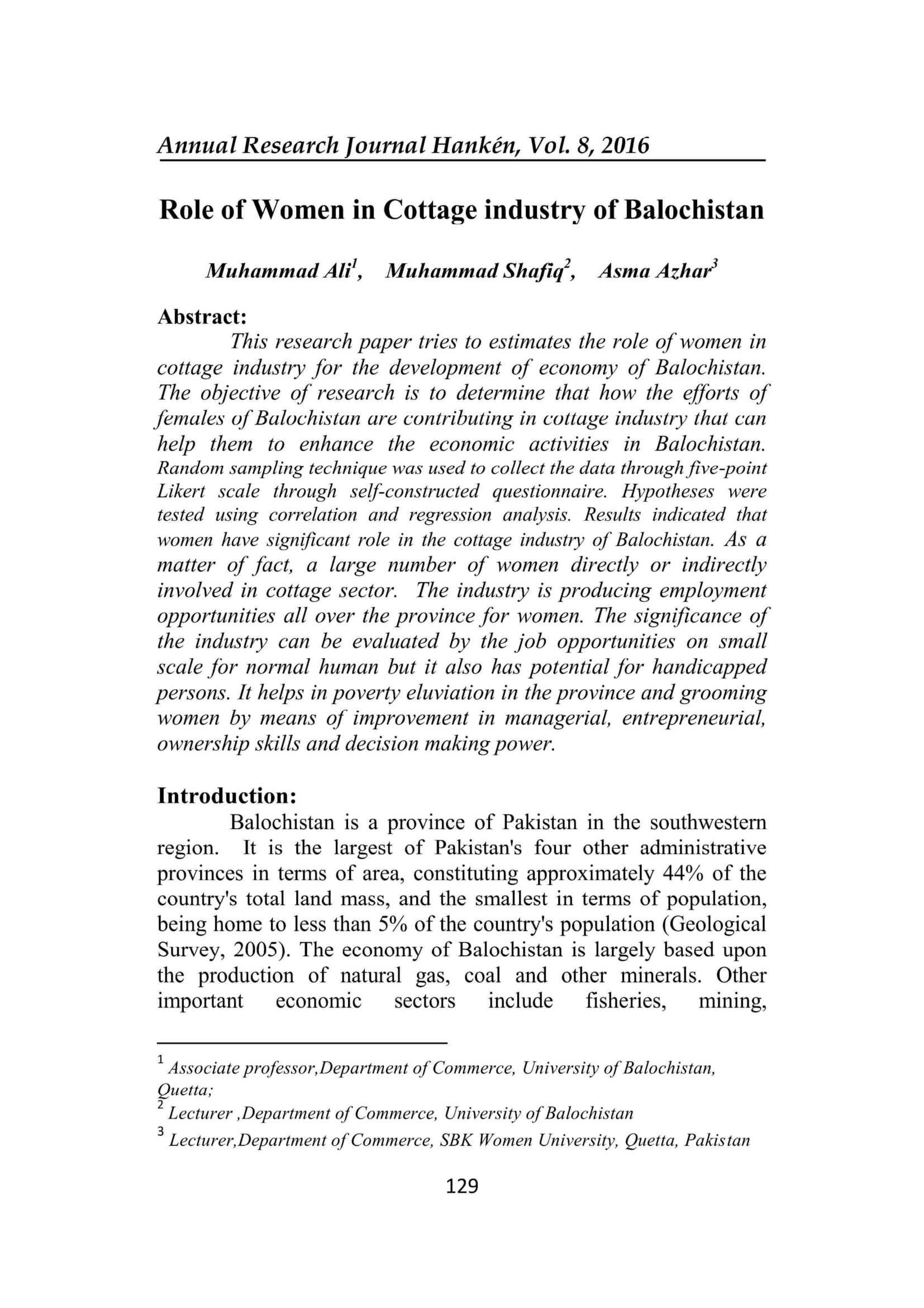 Role of Women in Cottage industry of Balochistan